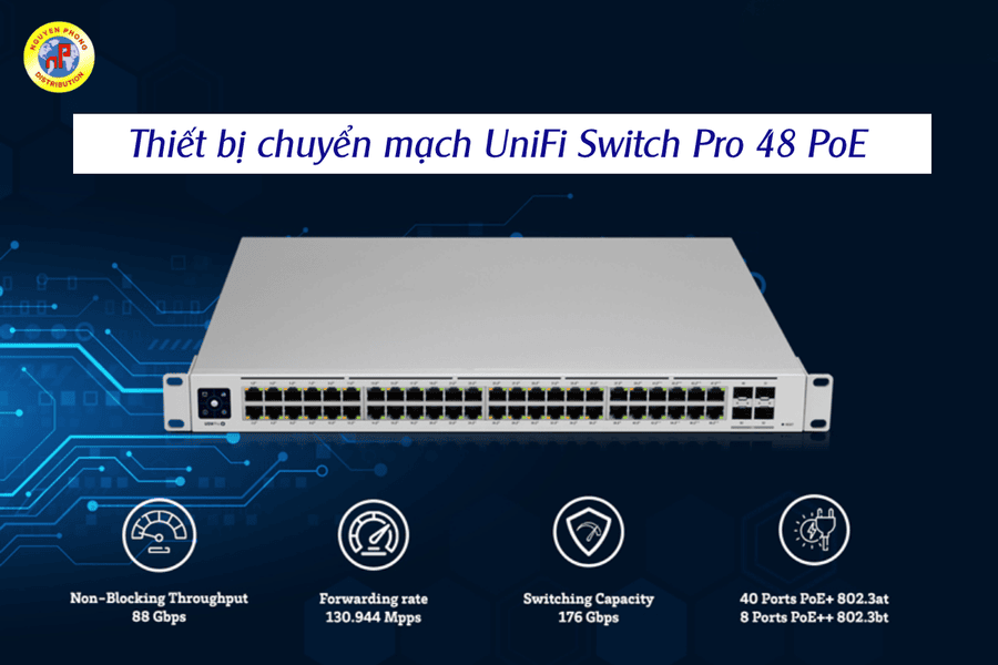 Switch UniFi USW-PRO-MAX-48-POE trong tủ mạng doanh nghiệp